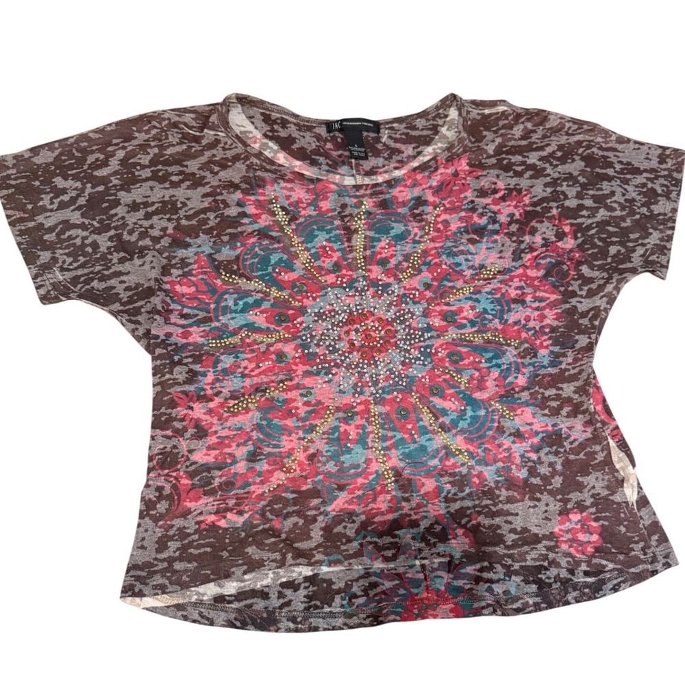 INC International Concepts‎ Burnout Mandala Rhinestone Studded Top Brown Pink S